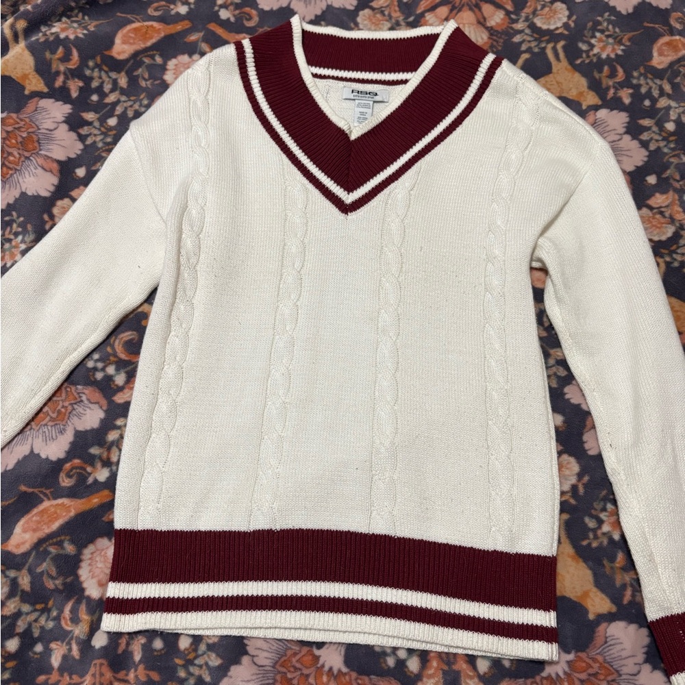 RSQ White and Red V-Neck Sweater